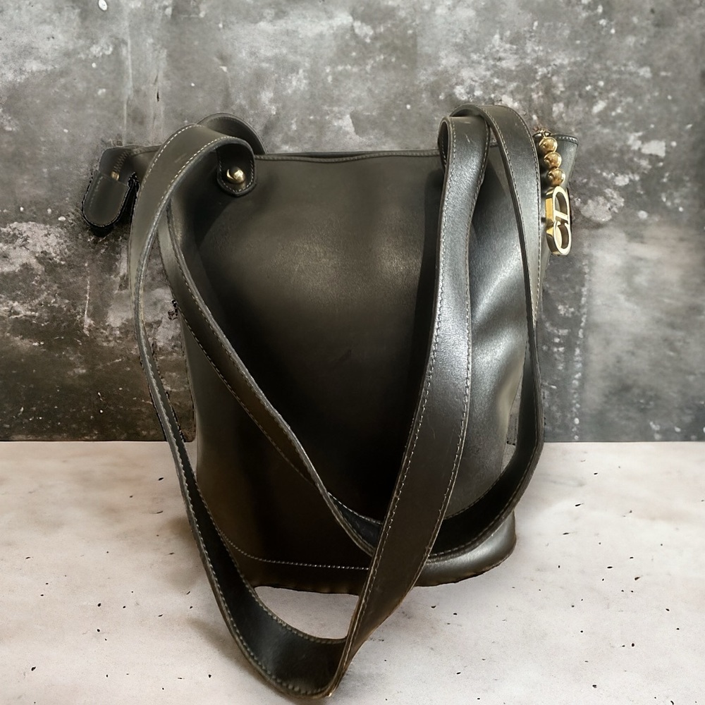 Dior black bucket tote bag smooth cowhide leather dangle FOB shoulder  H102c